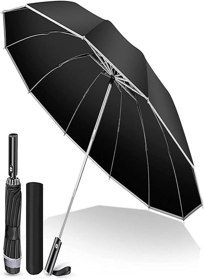 MIXEN Inverted Umbrella with Fiberglass Ribs, Auto Open/Close Reinforced Windproof Folding Umbrella with Anti-UVCoating, Travel Umbrella, Reflective Stripes for Night Safety, Black - Image 1